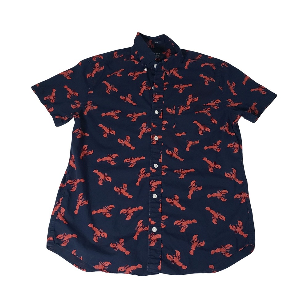 J.Crew Slim Flex Washed Lobster Print Short Sleeve Button Down Shirt Mens M Navy
